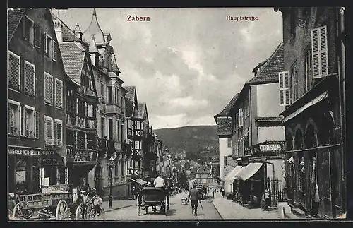 AK Zabern, Hauptstrasse mit Leiterwagen und Kutsche