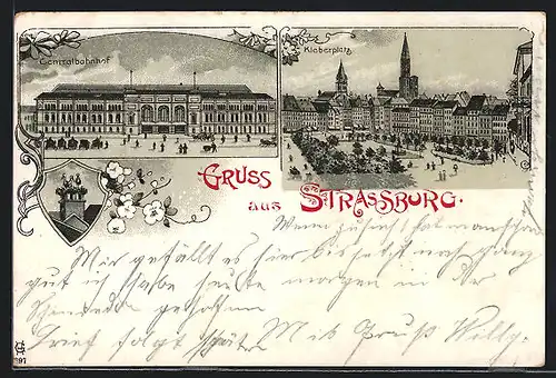 Lithographie Strassburg, Centralbahnhof, Kleberplatz, Storchennest