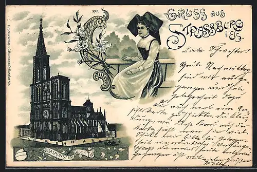 Lithographie Strassburg, Blick auf das Münster, Frau in Tracht