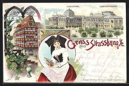 Lithographie Strassburg, Landesausschussgebäude, Landesbibliothek, Strassburgerin