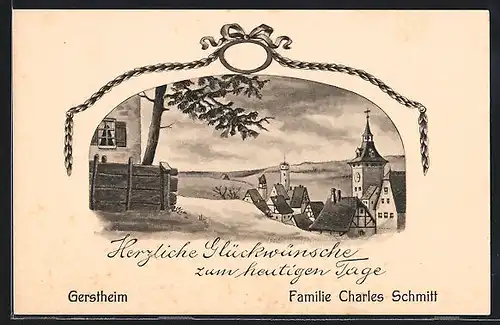AK Gerstheim, Ortspartie, Private Glückwunschkarte Familie Charles Schmitt