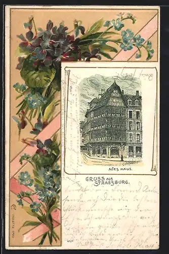 Passepartout-Lithographie Strassburg, Altes Haus, Blumen