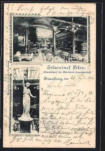 AK Strassburg, Gasthaus Estaminet Piton, Innenansichten mit Frauenfigur