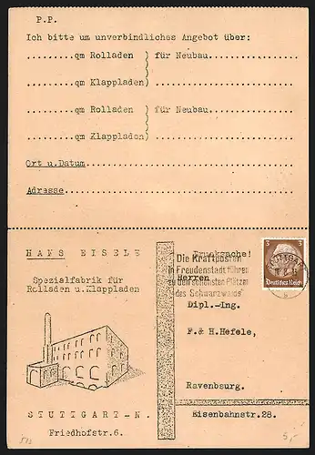 Klapp-AK Stuttgart, Fabrik für Rolladen und Klappladen Hans Eisele, Friedhofstrasse 6, Bitte um Angebot