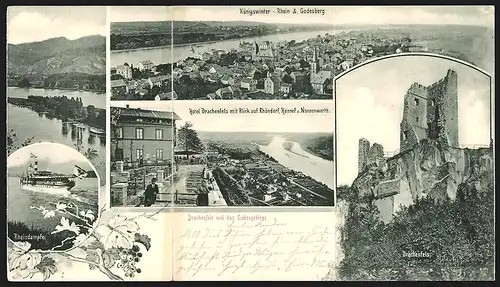 Klapp-AK Königswinter /Rhein, Ortsansicht mit Godesberg, Hotel Drachenfels, Rheindampfer