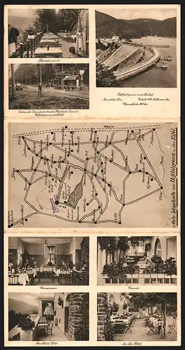 Klapp-AK Gemünd, Hotel Restaurant Seehof-Urfttalsperre v. C. Arens, Weinzimmer, Veranda, Landkarte