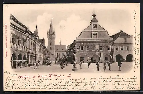 AK Dvur Králové n. L., Ortspartie mit Hotel Smidt und Kirche
