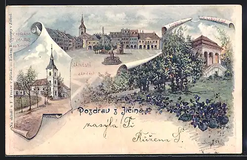 Lithographie Jitschin / Gitschin / Jicin, Chrám P. Marie, Námesti, Zápcást