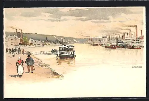 Künstler-AK Seraing, Uferpartie mit Dampfer und Fabrikanlagen