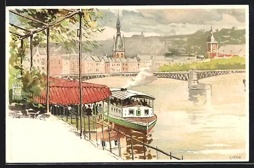 Künstler-AK Henri Cassiers: Liege, Dampfer am Landungssteg