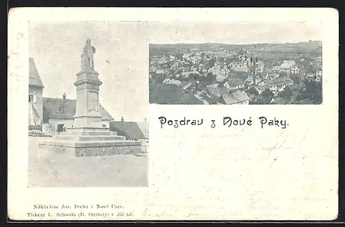 AK Nova Paka, Denkmal und Ortsansicht aus der Vogelschau