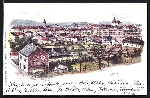 Künstler-AK Jicín, Ortsansicht gegen die Berge