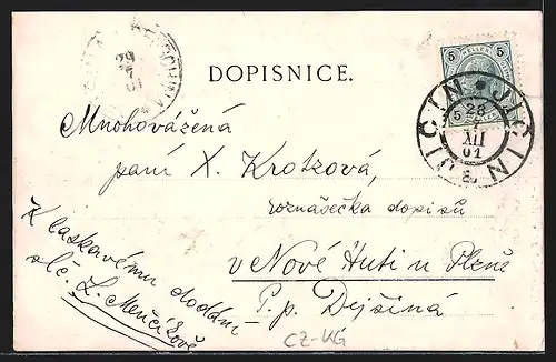 Künstler-AK Jicín, Ortsansicht gegen die Berge