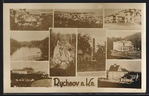 AK Rychnov n. Kn. / Reichenau, Haus auf dem Felsen, Denkmal, Strassenpartie