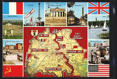 AK Berlin, Grenze nach dem 13. August 1961-Siegessäule, Checkpoint Charlie, Brandenburger Tor, Funkturm, Olympia-Stadion