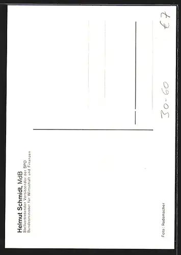 AK BRD, Helmut Schmidt, MdB, Stellvertretender Vorsitzender der SPD, Autogramm
