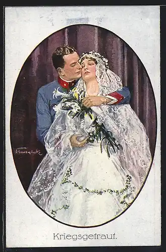 AK Kriegsgetraut, österreichischer Soldat mit seiner Braut bei der Hochzeit