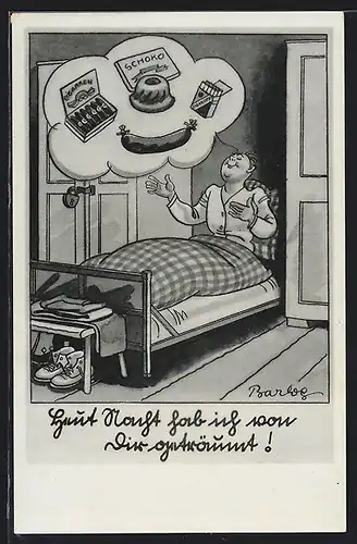 Künstler-AK Barlog: 2. Weltkrieg, Soldat träumt von Cigarren und Schokolade