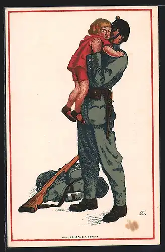 AK Schweizer Soldat schliesst seine kleine Tochter in den Arm, Gewehr