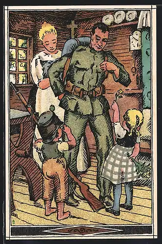 Künstler-AK Soldat vor dem Aufbruch mit Frau und Kindern, schweizer Nationalspende