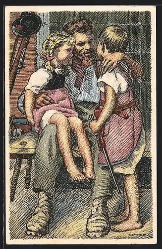 AK Wieder daheim, Vater mit seinen Kindern, Schweizerische Nationalspende für unsere Soldaten