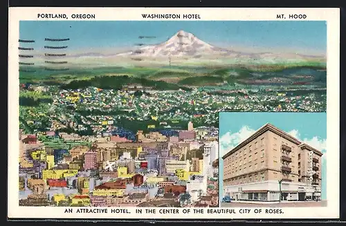 AK Portland, OR, View of the City with Washington Hotel and Mt. Hood