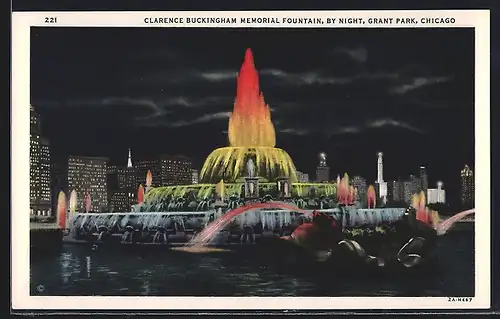 AK Chicago, IL, Clarence Buckingham Memorial Fountain by Night, Grant Park
