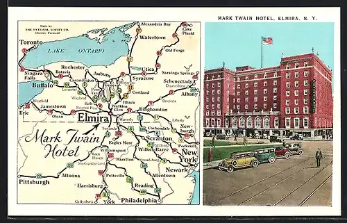 AK Elmira, NY, Mark Twain Hotel and Map of the Town