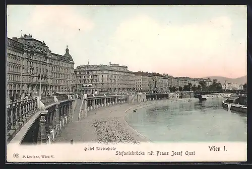 AK Wien, Franz-Josefs-Kai, mit Stefaniebrücke und Hotel Metropole