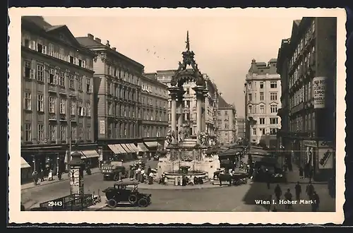 AK Wien, Hoher Markt, Pferdekutsche an den Marktständen