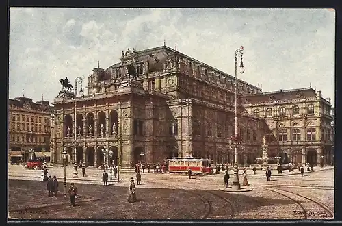 AK Wien, Strassenbahn fährt an der Staatsoper vorbei