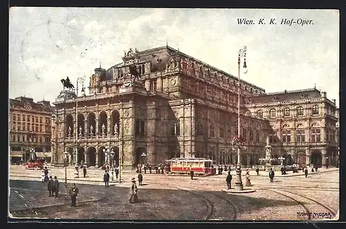 AK Wien, Strassenbahn fährt an der Staatsoper vorbei