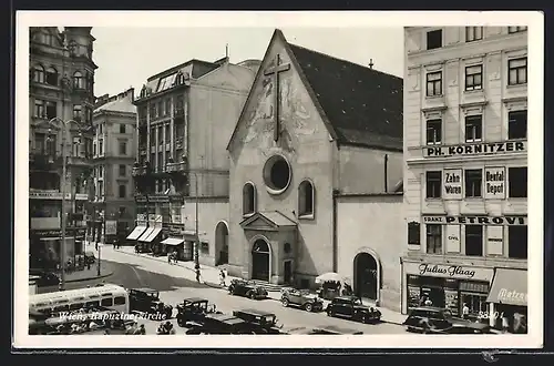 AK Wien, reger Strassenverkehr vor der Kapuzinerkirche