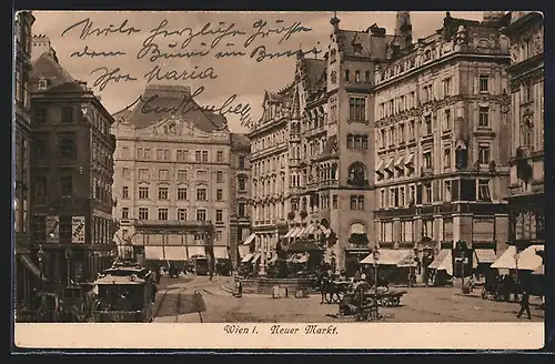 AK Wien, Neuer Markt mit Strassenbahn und Herrnhuter