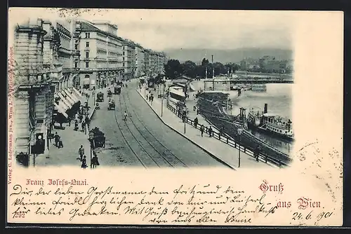AK Wien, Franz-Josefs-Quai mit Strassenbahn und Dampfer