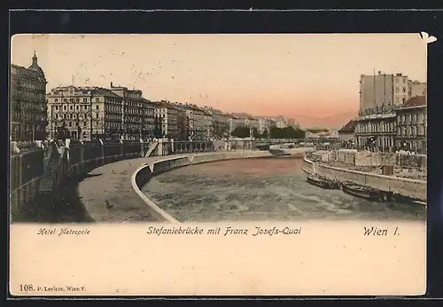 AK Wien, Franz-Josefs-Kai, Hotel Metropole und Stefaniebrücke