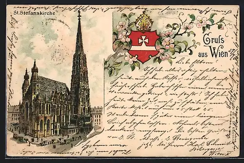 Lithographie Wien, St. Stefanskirche und Wappen auf blühendem Zweig