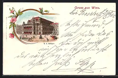 Lithographie Wien, K. k. Hofoper mit Pferdebahn davor