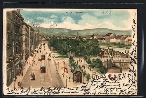 Lithographie Wien, Blick über den Franz-Josefs-Kai aus der Vogelschau, Strassenbahn