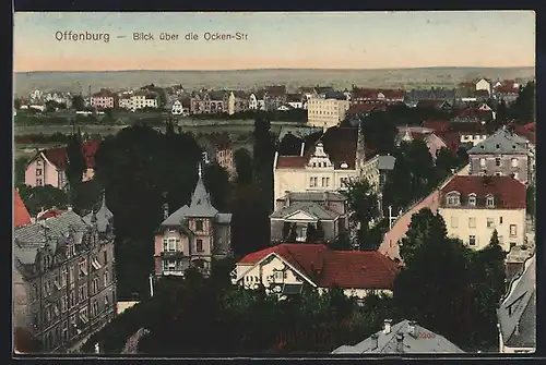 AK Offenburg, Blick über die Ocken-Strasse mit Bäumen