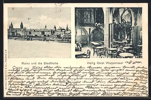 AK Mainz, Teilansicht mit Stadthalle, Inneres Heilig Geist Wappensaal