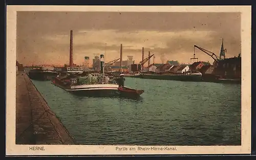 AK Herne, Partie am Rhein-Herne-Kanal, Dampfschiffe, Kräne