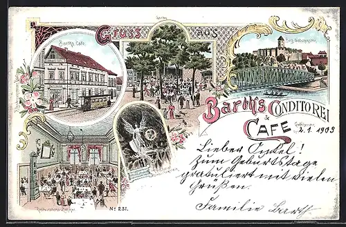 Lithographie Giebichenstein, Barth`s Café, Restaurant Zimmer, Denkmal und Burg