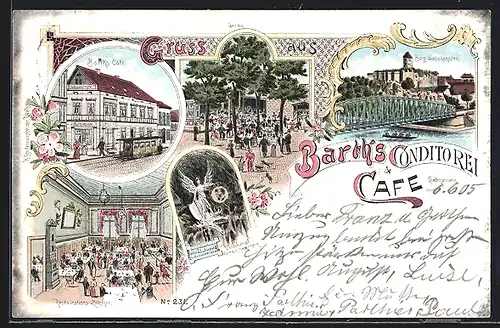 Lithographie Giebichenstein, Barth`s Café und Conditorei, Burg und Denkmal, Garten