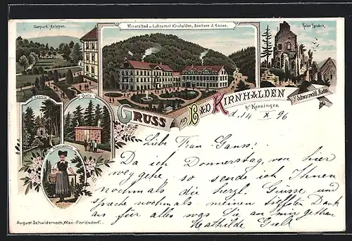 Lithographie Kenzingen, Mineralbad & Luftkurort Kirnhalden v. J. Ganss, Ruine Landeck, Kapelle, Quelle