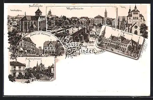 Lithographie Minden i. Westf., Porta Westfalica mit Martinikirche, Rathaus am Markt, Dom