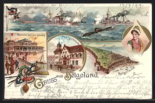 Lithographie Helgoland, Conversationshaus, Postgebäude, Frau in Tracht