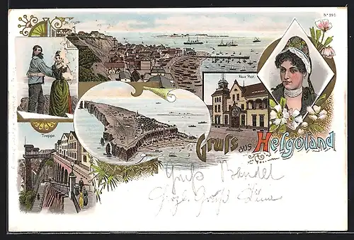 Lithographie Helgoland, Ortsansicht, Hafen, Neue Post, Treppe, Schiffe, Menschen in Tracht