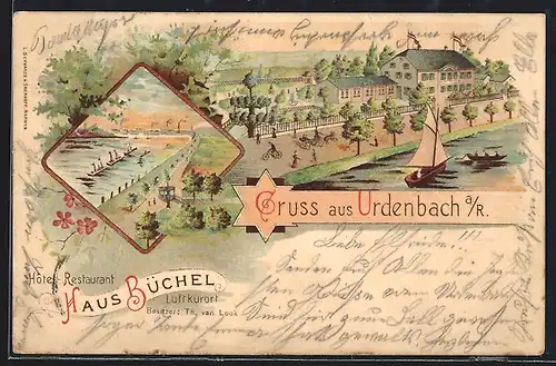 Lithographie Urdenbach a. R., Hotel-Restaurant Haus Büchel, Uferpartie