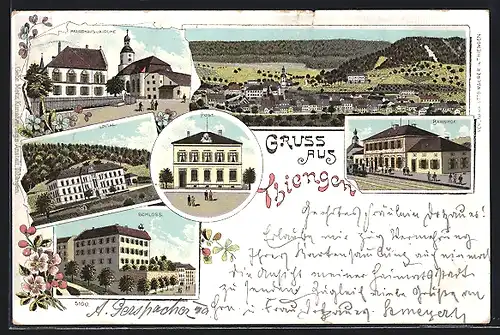 Lithographie Thiengen, Spital, Pfarrhaus und Kirche, Bahnhof